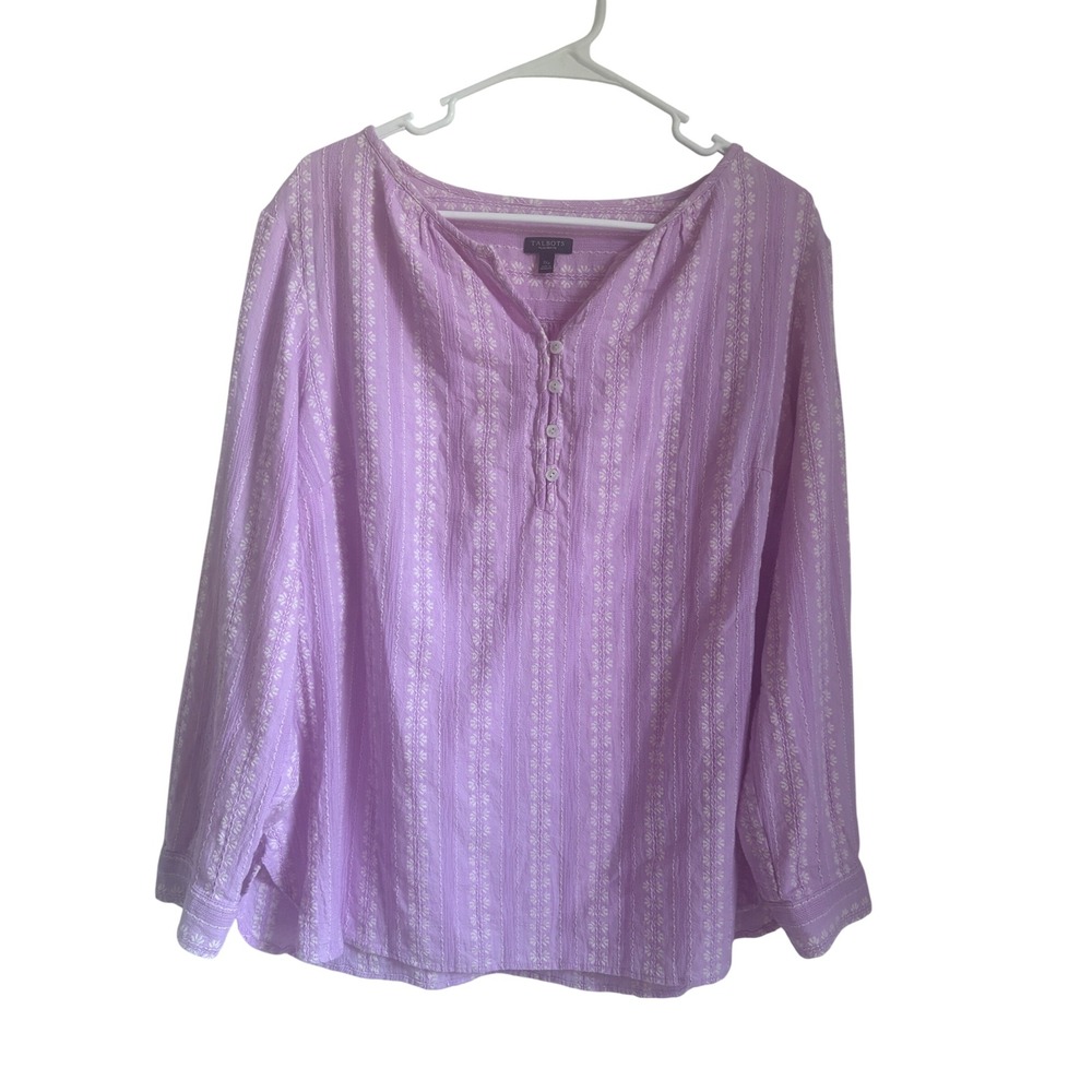 Talbots Plus Petite Orchid Purple Embroidered Cotton Henley Blouse 1XP